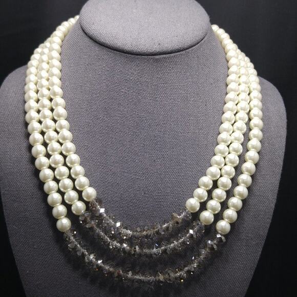 Glass Pearl Smoky Gray Crystal Necklace, Three Strands, 8mm Beads, 21 Inches - Picture 4 of 8